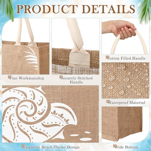 Coume 6 Pack Beach Burlap Tote Bags Bulk Large Beach Jute Tote Bag with Handles 14.2" x 12.6" x 7.5" for DIY Bridesmaid Gi...