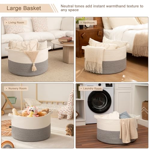OIAHOMY 90L XXXLarge Blanket Basket for Living Room, 21.7" x 13.8" Woven Cotton Rope Laundry Basket for Organizing Pillow...