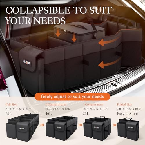 HOTOR Trunk Organizer, Sturdy Foldable with Cooler for Car & SUV, 3 Compartments, Black, 30.90”×12.60”×10.63”