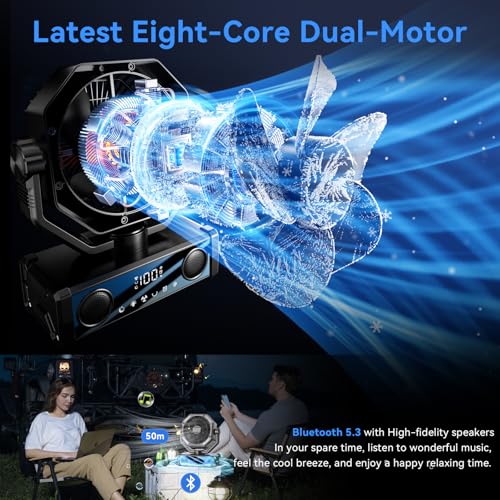 Portable fan rechargeable with 5.3 Bluetooth Speaker, 25000mAh Camping Fan with 5 Speed Touch Control & 3-Mode LED Light, ...
