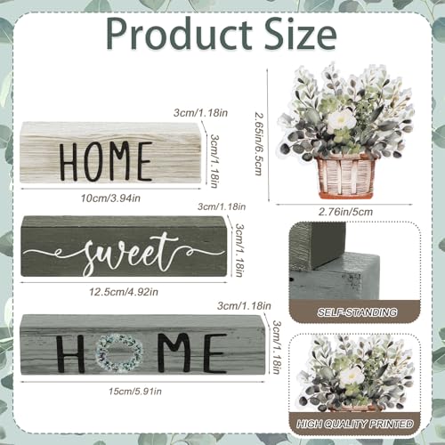Cinnvoice 4 Pcs Farmhouse Wooden Tabletop Decor Green Eucalyptus Leaves Spring Rustic Tiered Tray Decor Home Sweet Home Ta...