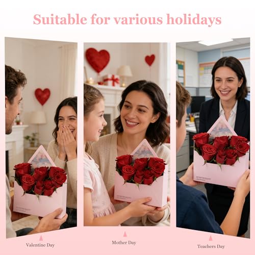 Amalee 10 Pack Pink Flower Bouquet Envelope Boxes with Greeting Cards, Premium Cardboard Floral Gift Boxes for Arrangement...