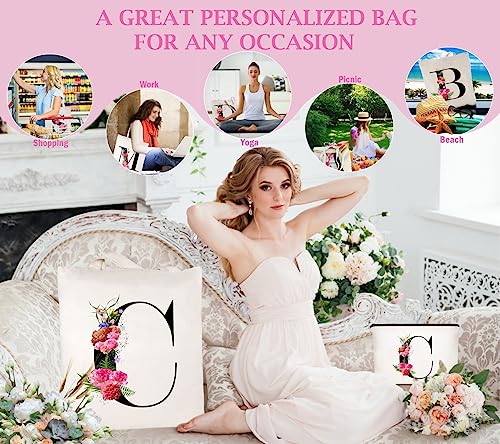 Andeiltech Initial Canvas Tote Bag Floral Letter Personalized Makeup Bag Monogrammed Gift for Bridesmaids Birthday Wedding