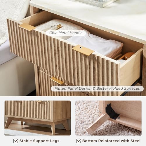T4TREAM Fluted 3 Drawers Nightstand Set of 2, Oversized Extra Large Modern Side Table with Faux Marble Top, End Table Beds...