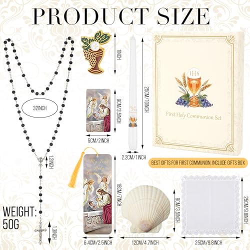 Conelist 7 Pcs First Communion Gift Box Set Catholic Holy 1st Communion Baptism Kit with Candle Rosary Lapel Pin Prayer Ca...