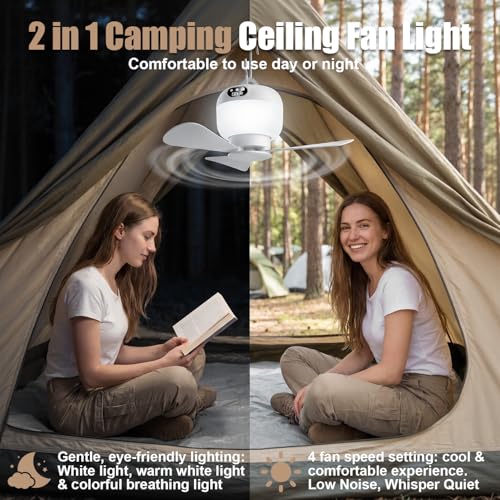 Camping Fan with Light & Remote, Portable Ceiling Fan Wireless Rechargeable Tent Fan with 4 Speeds,3 Light Modes,Timer, Ba...