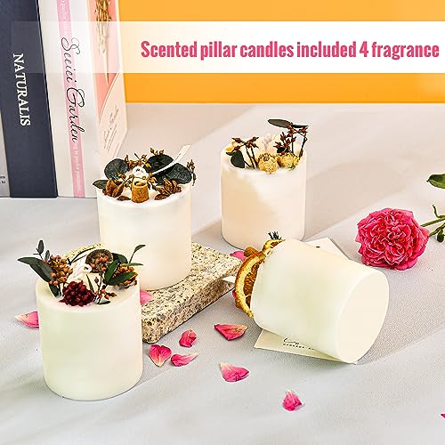 Sungmor Decorative Scented Pillar Candles Set of 4, Natural Soy Wax Scented Candle with Dried Flowers, 40 Hours Long-Lasti...