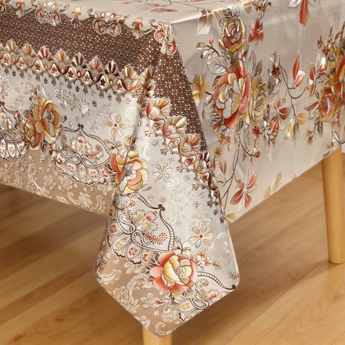 FAVE Peony Gold Tablecloths Vinyl Tablecloth for Kitchen Dining Table Wipeable PVC Tablecloth Cover for Wedding, Banquet, ...