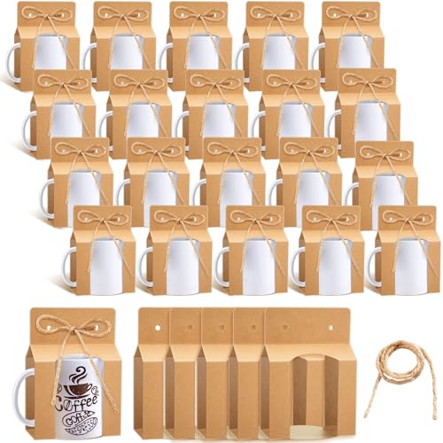 Kosiz 36 Pcs Kraft Mug Boxes Sublimation Coffee Mugs Gift Bags with Window Packaging Storage Box for Shipping Selling Wedd...