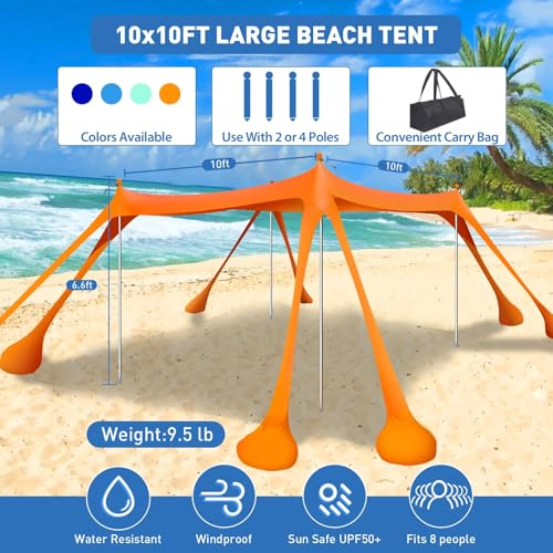 Wabolay Beach Tent Sun Shelter 10x10ft Beach Canopy Easy Pop Up Sun Shade Portable UPF50+ with 8 Sandbags-2 Sand Shovel-4 ...