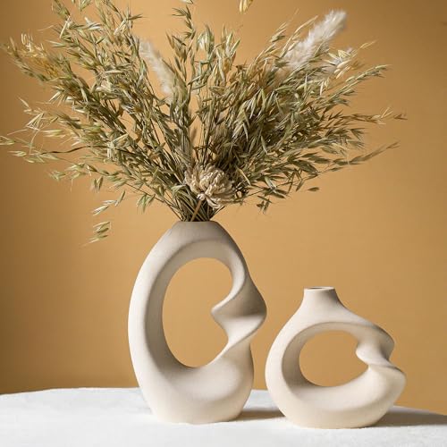 Modern White vase Set of 2,Pampas Grass Ceramic vases for Wedding Party,Aesthetic Flower Vase for Home Decor,Kitchen Table...