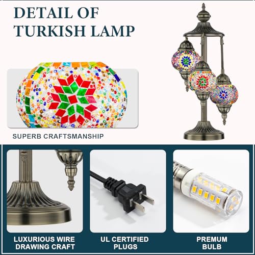 Marrakech Turkish Lamp 3 Globes Moroccan Table Lamp with Bronze Base, 23" Tall Handmade Colorful Tiffany Mosaic Glass Nigh...