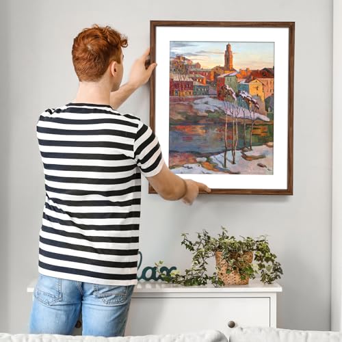 euwazram Rustic Walnut 20x24 Frame - Single Frame, 20 x 24 Poster Frame with Mat for 16x20, Picture Frames for Artwork, Pu...