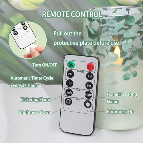 Immeiscent Green Glass Flameless Candles Remote Timer Eucalyptus Leaves Greenery Design Battery Operated Flicker Pillar Ca...