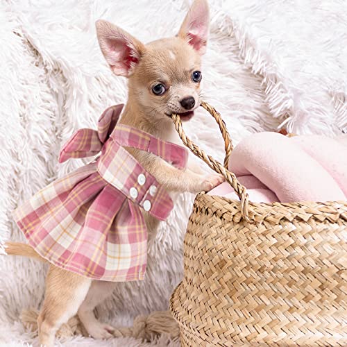 Potchen 4 Pcs Cute Plaid Dog Dress Set with Bow Tie Harness & Leash for Small Dogs, Puppy Clothes for Girls Outfits(Xs,Dar...