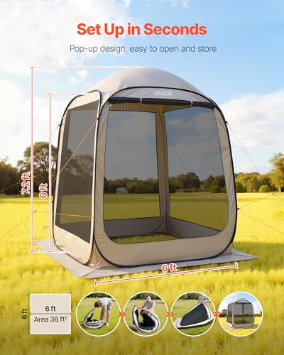 VEVOR Screen House Tent 6x6FT Pop-Up Screen Tent for 4–6 Person, Portable Screen Room Gazebo with Netting, Carry Bag & Gro...