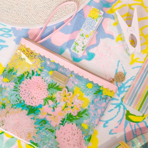 Lilly Pulitzer Water Resistant Vinyl Beach Day Pouch, Zipper Bag Includes Drink Hugger, Small Pouch, and Towel Clips
