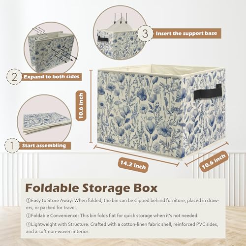 Ghoaoivo Blue and White Floral Storage Box Bins, Chinoiserie Flower Botanical Collapsible Storage Basket Organizer for Bed...