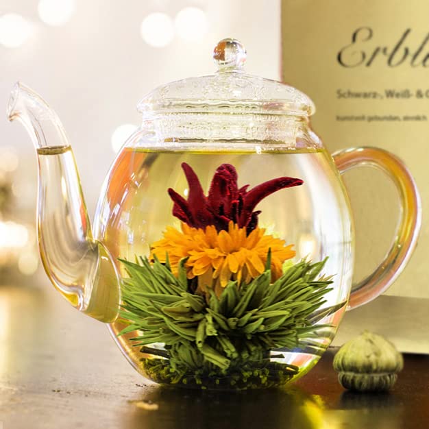 Creano Tea Flowers Mix Golden Gift Set Blooming Tea with Glass Teapot White, Green & Black Tea in 6 Varieties Tea Flower B...