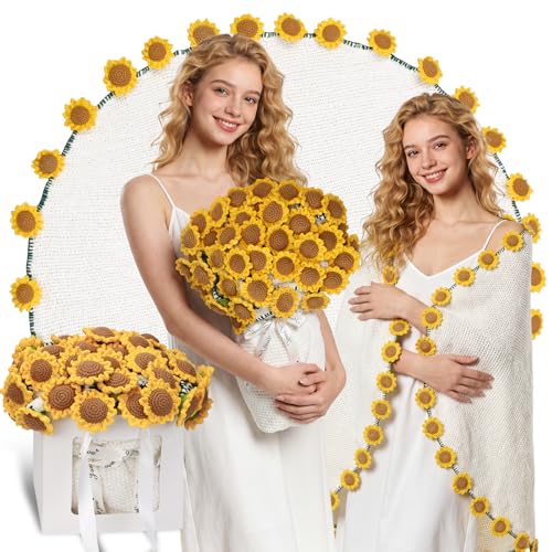 Sunflower Bouquet Blanket, Knitted Soft Cozy Flower Blanket Bouquet, Yellow Sunflower Gifts for Women Mothers Mom Grandma ...