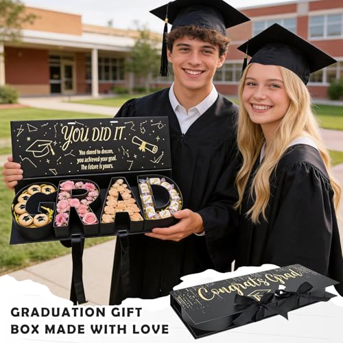 Graduation Gift Box 2026,GRAD Letter Shaped Fillable Cardboard Box for Graduation Gifts, Snacks, Flowers & More,Includes R...
