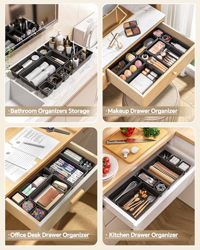 KEMETHY 25 PCS Plastic Drawer Organizers Set, 4 Sizes Vanity Organizer, Makeup and Desk Drawer Organizer Trays, Organizati...