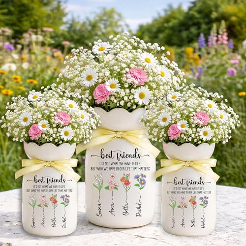 Personalized Best Friends Flower Vase, Custom Birth Flower Ceramic with Names, Friendship Gift for Women, Bestie Gift Ide...