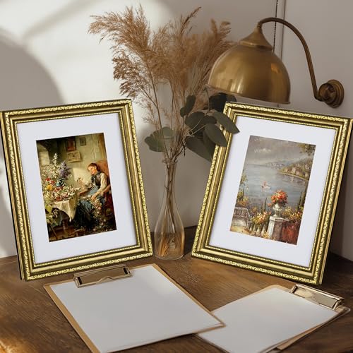 eletecpro 8x10 Picture Frames Set of 4, Gold Frames 8 x 10 with Glass Cover, Vintage Photo Frame Displays 5x7 Photo with M...