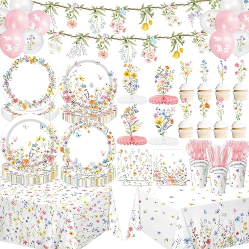 Wildflower Party Decorations – Plates, Cups, Napkins, Cutlery, Banner, Tablecloth, Balloons, Honeycomb Centerpieces for Sp...