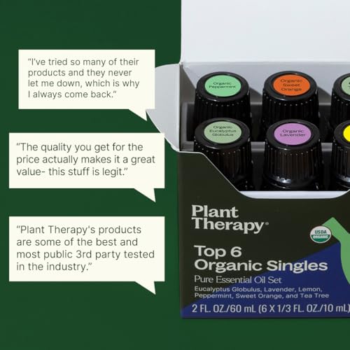 Plant Therapy Top 6 USDA Organic Essential Oil Set - Lavender, Peppermint, Eucalyptus, Lemon, Tea Tree 100% Pure, Natural ...