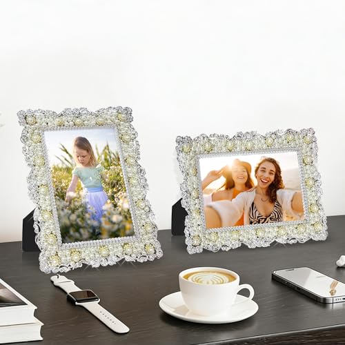 QPQIYIY 4x6 Pearl Picture Frame with Tempered Glass, Elegant Jewel Photo Frame with Rhinestones for Home Decor Tabletop Ho...