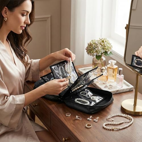 Waterproof Anti-Tarnish Travel Jewelry Organizer Case with Multiple Clear Zipper Pockets, Large Capacity Foldable Jewelry ...