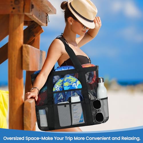 Ymomode Beach Bag - Mesh Beach Bag Large 8 Pockets, Beach Tote Bag Beach Essentials for Vacation Must Haves