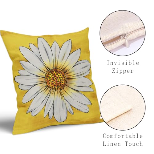 Summer Daisy Floral Pillow Covers 18X18 Inch Set of 2 White Petal Flower Bloom Decorative Pillow Cases Yellow Seasonal Cot...