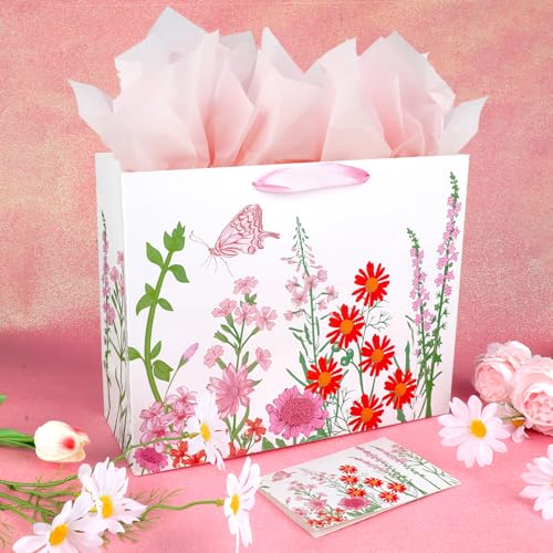 Konsait 13" Large Floral Gift Bags, Red and Pink Flower Gift Bags with Tissue Paper and Card for General Greeting, Bridal ...
