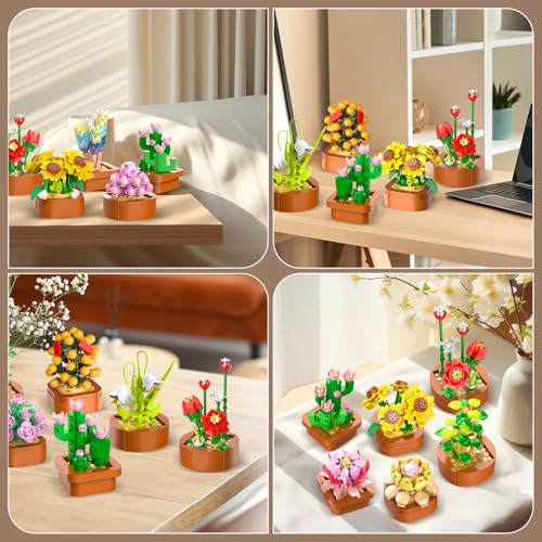 CUBIMANA 12 Pack Flowers Succulents Mini Building Set - Gifts for Mothers Day, Flower Botanical Collection for Home Office...