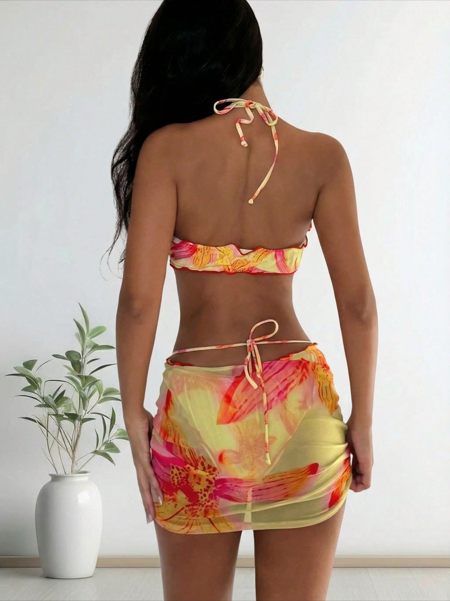 2026 New European Style Sexy Two-Piece Swimwear, Color Block Print & Flower Decor, Mesh Skirt Cover Up Bikini