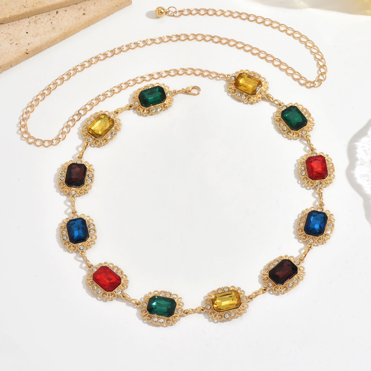 French Retro Palace-Style Colorful Crystal Geometric Waist Chain, Fashionable Niche High-End Sweet And Exaggerated Body Chain For Women