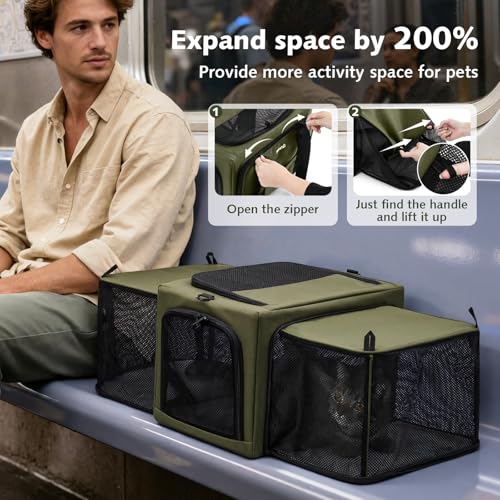 Pecute Cat Carrier Expandable, Stable Pet Carrier with 5mm Thick Steel Wire Frame, Dual-Side 200% Larger Space, Car Travel...