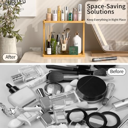 PEKER Bamboo Bathroom Organizer Countertop – Small Vanity Storage Shelf for Makeup, Perfume, Skincare – Natural Cosmetics ...