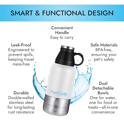 Hydropet Portable Dog Water Bottle (32 oz) - Insulated Dogs & Cats Travel Bottles, Stainless Steel - Detachable Dog Food B...