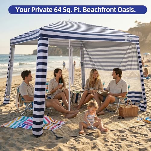 Jihfmo 8x8 Ft Large Beach Cabana Tent, UPF 100+ Windproof Sun Shelter for Family - 64 Sq Ft Big Shade Canopy with Sand Anc...