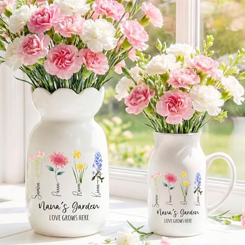 NAZENTI Personalized Birth Month Flower Vase - Grandma's Garden Decor, Mom Grandma Mother's Day Floral Vases with Kids Nam...