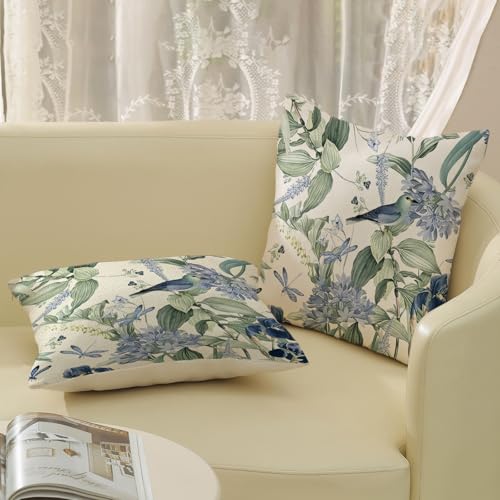 JEFERSO Chinoiserie Pillow Covers 18x18 Set of 2 Blue Green Floral Bird Pillow Cases Vintage Flower Seasonal Outdoor Throw...