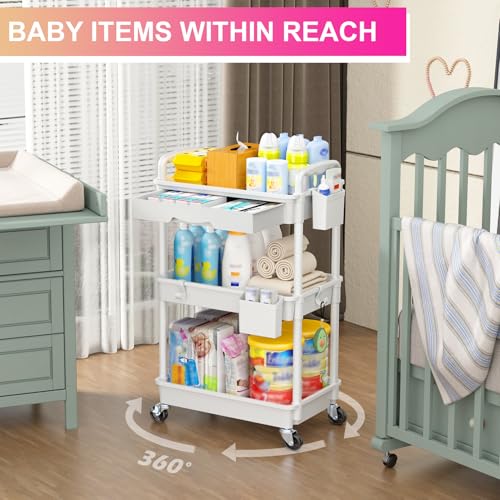 Goovilla 3 Tier Rolling Utility Cart Organizer with Removable Drawer, Stable and Sturdy White Rolling Storage Carts with 2...