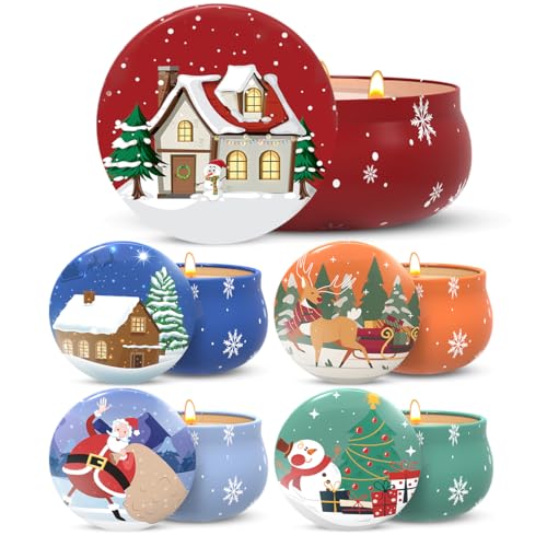 Set of 5 Christmas Themed Scented Candles Gift Set for Women, Natural Soy Wax Aromatherapy Candles for Home Decor - Lavend...