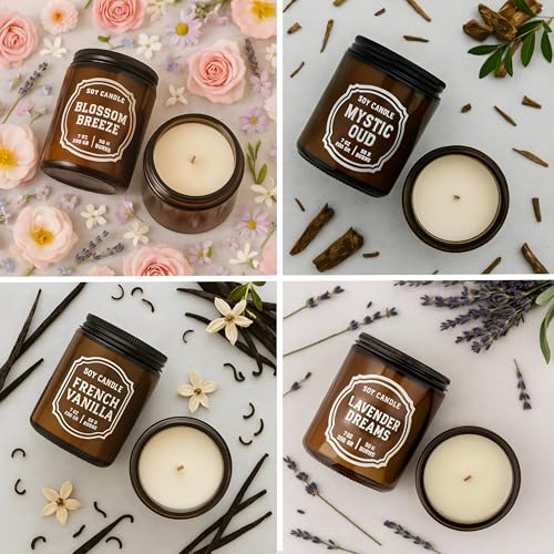 Luxury Soy Candle Gift Set, 4 Pack Amber Glass Jars with Crackling Wooden Wick, Handcrafted Scented Candles, Gift Ready Box