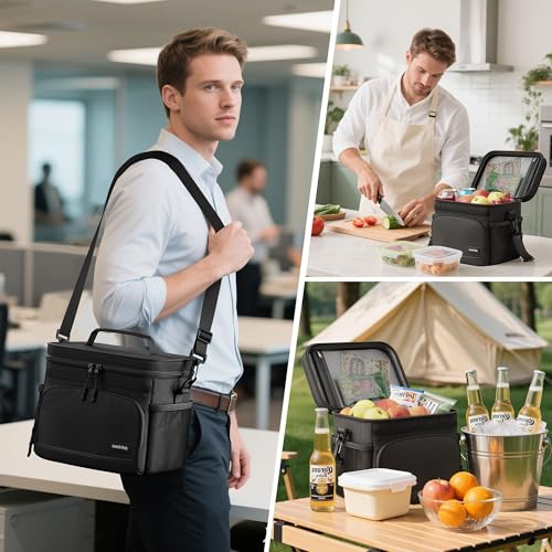 Seeseven Insulated Lunch Bag for Women & Men, Soft Cooler Tote for Work, Office, Travel, Picnic - Black, 9L