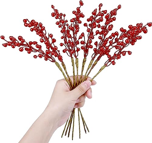 GREENTIME Artificial Red Berry Stems 8 Pack, Festive Christmas Tree Picks, Autumn Fall Home Decor and New Year's Eve Decor...