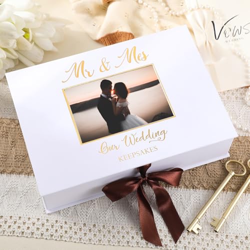 Weysat 12x9 Inches Gold Stamping Font Wedding Keepsake Box Cover with Photo Frame, White Wedding Memory Box with Ribbon fo...